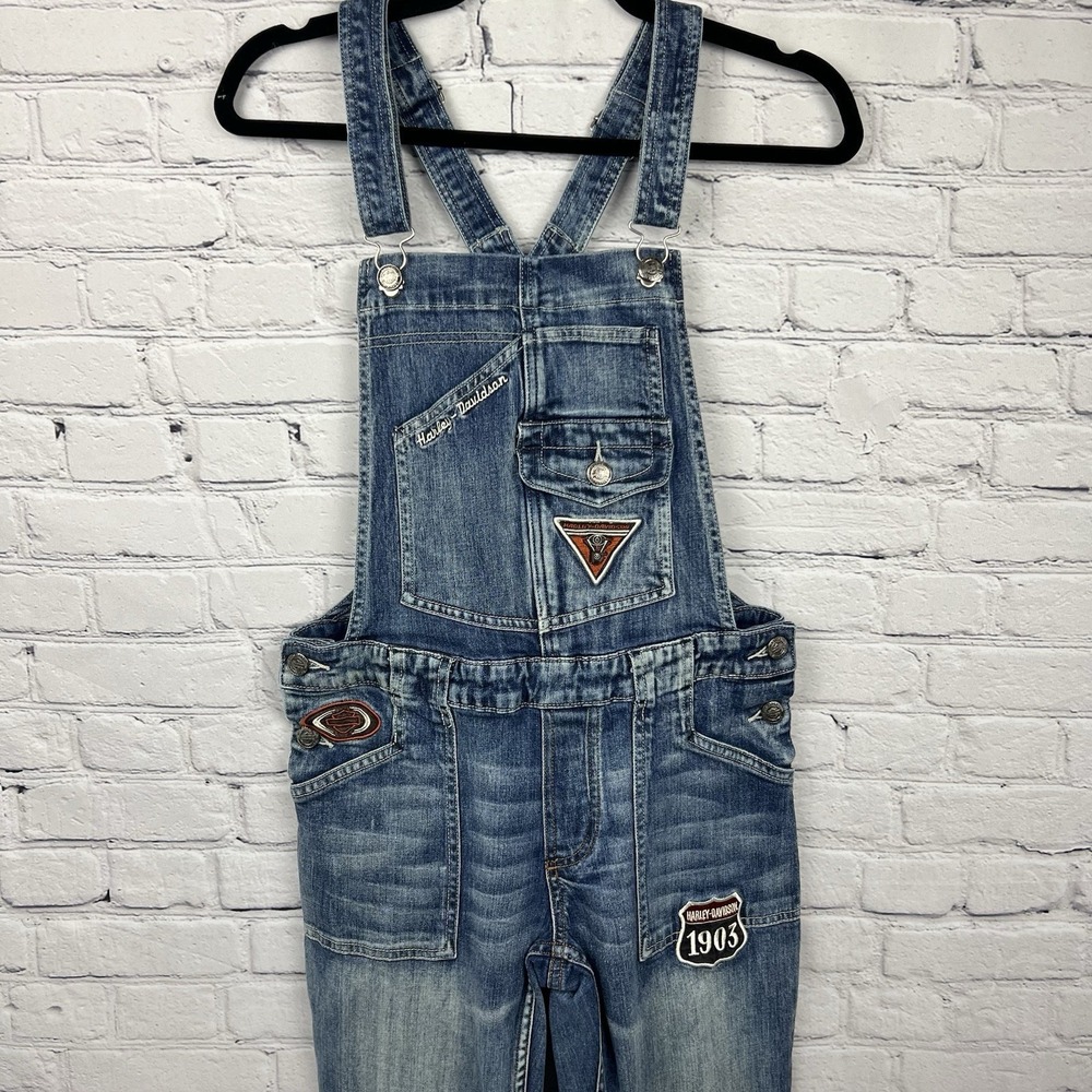 Harley Davidson Overalls Y2K Flare Leg Women's Sz 6 Patches Faded Logo Authentic - Picture 2 of 16